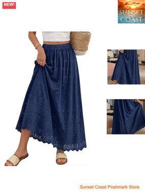 Cotton Maxi Skirt High Waist Boho Eyelet A-Line Flowy Long Skirt Spring